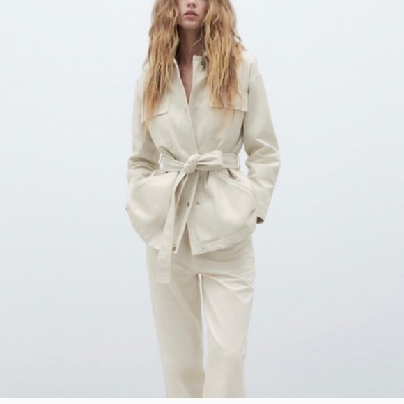Zara Belted Denim Jacket in  Ice Color Size Med - Picture 1 of 11